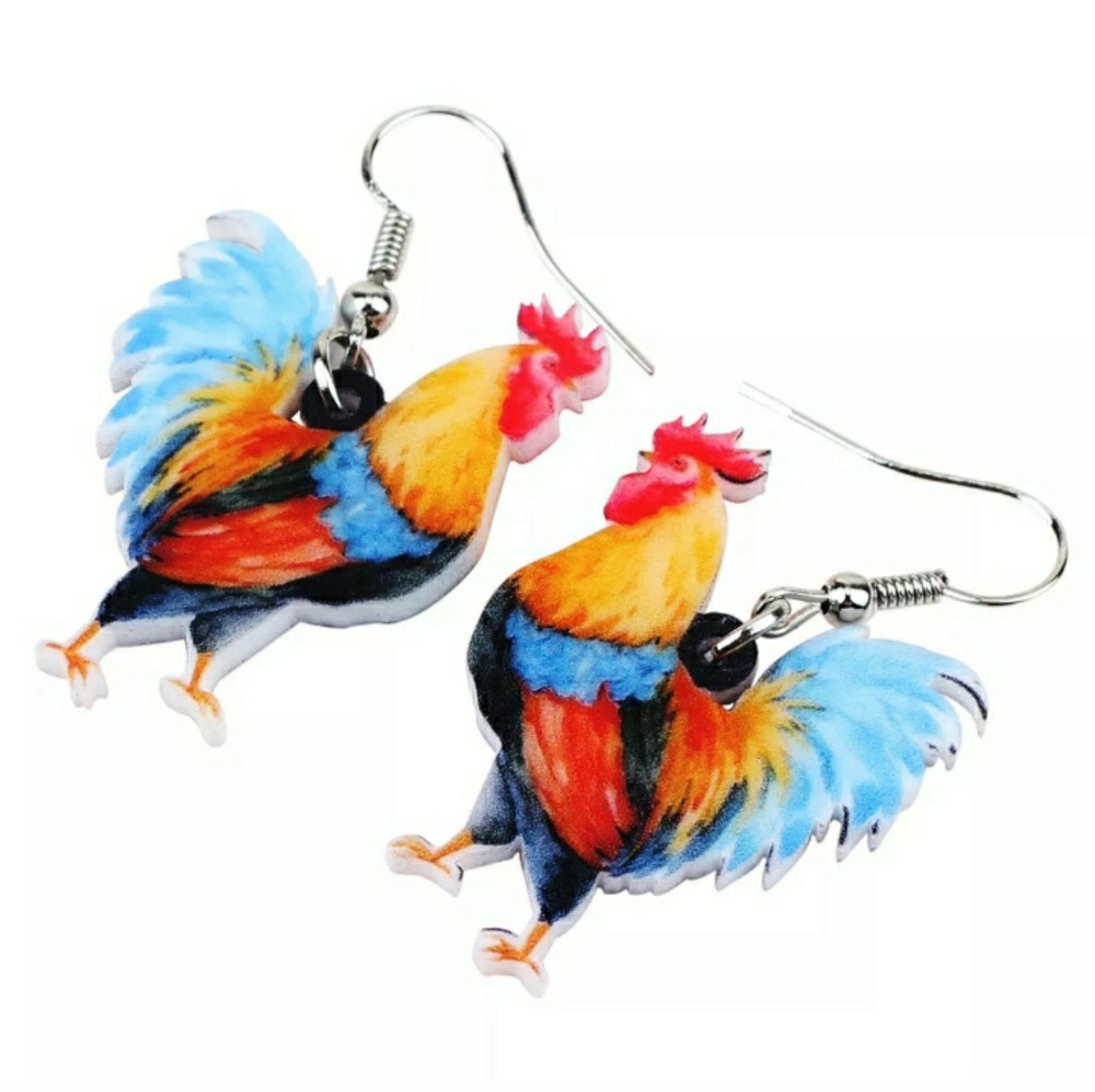 New Double Sided Acrylic Rooster Chicken Earrings - Picture 4 of 8